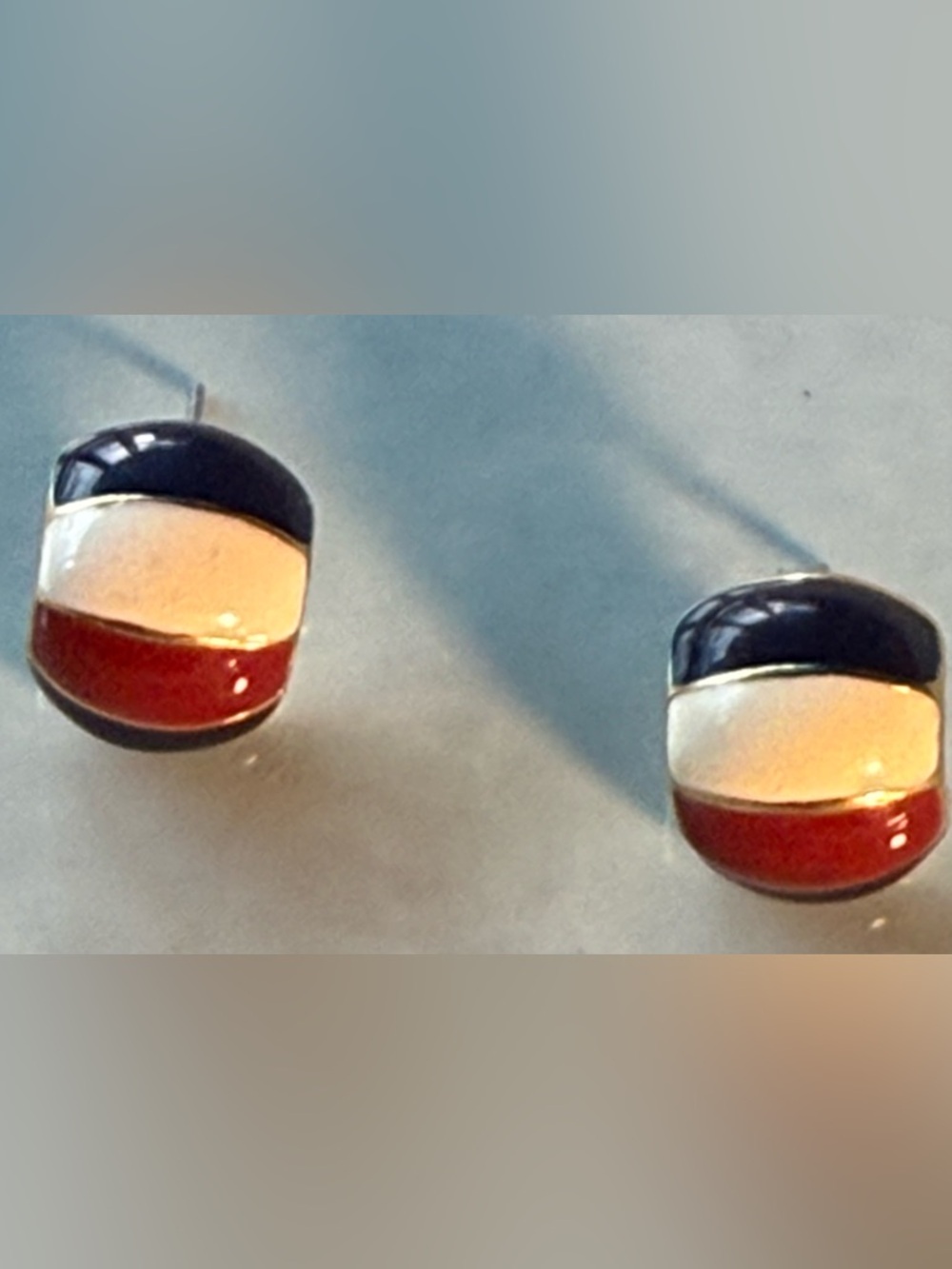 Vintage Small Red White Blue Enamel Goldtone Half Hoop Pierced Earrings